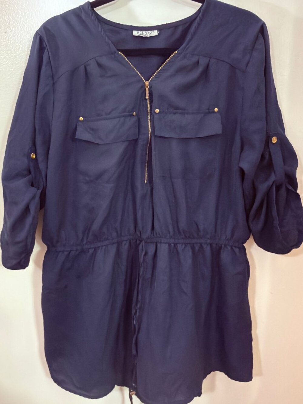 Mileage Navy Blue Utility Shirt Dress Gold Zip Drawstring Size 3X